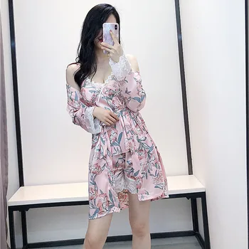 

Youhottest Silk Pajamas Women Sexy 3pieces Robe Lingerie Set