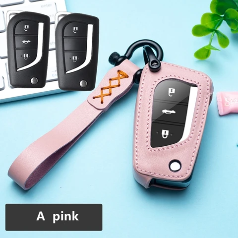 For A key pink Автомобильные аксессуары натуральный кожаный брелок держатель кошелек для Toyota Avalon Camry Land Cruiser Prado Corolla CHR CH-R Prius RAV4 - Название цвета: For A key pink