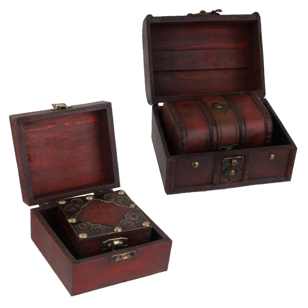 2 Pcs Small Big Set Vintage Wooden Treasure Chest Necklace Bracelet Earrings Holder Storage Box Jewelry Packaging 