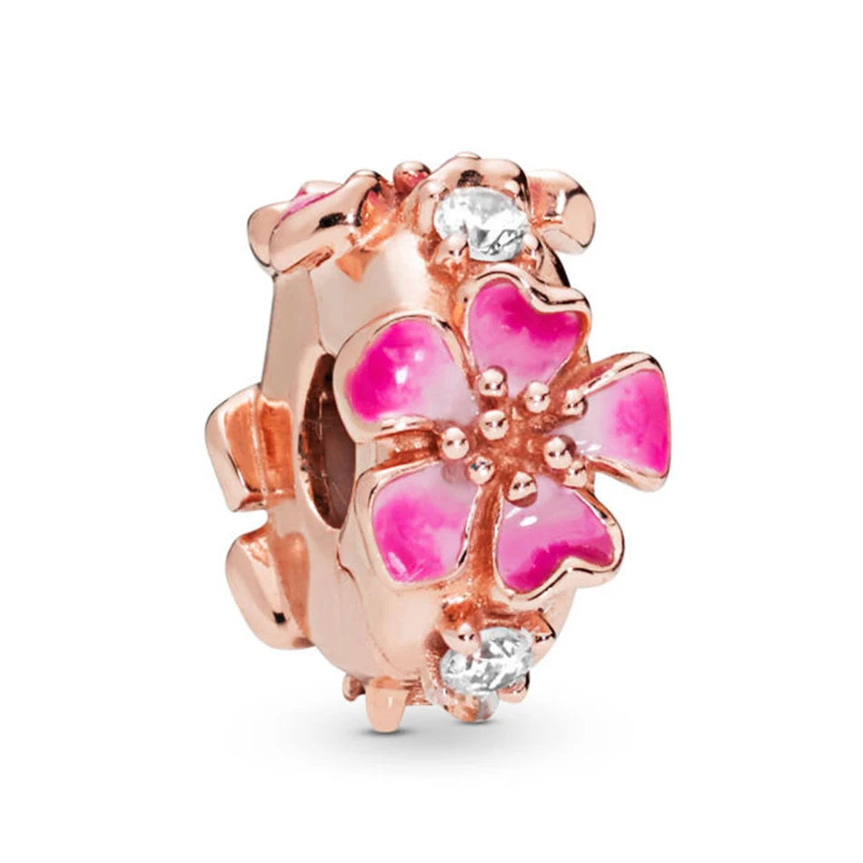 

Authentic 925 Sterling Silver Enamel Rose Peach Blossoms Flower With Crystal Clip Bead Charm fit Lady Bracelet Bangle Jewelry