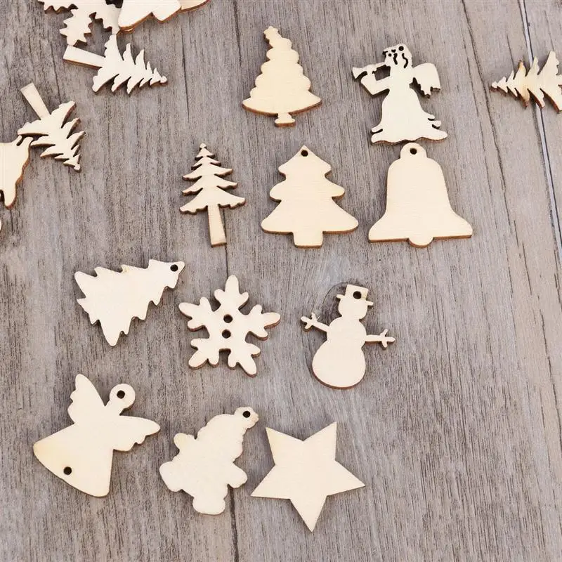 50 шт. DIY деревянные поделки Рождественская елка Снеговик Снежинка незавершенные ломтики Висячие орнаменты DIY художественные поделки для рождественского декора A35