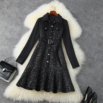 

European and American women's wear 2020 winter new style Long sleeve lapels with splined tweed Fashion belt and dress