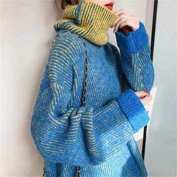 

Pullover Turtleneck Knitted Sweater Women Winter Warm Trend Oversize Loose Sweater Female Candy Color Splice Basic Tops RM50004