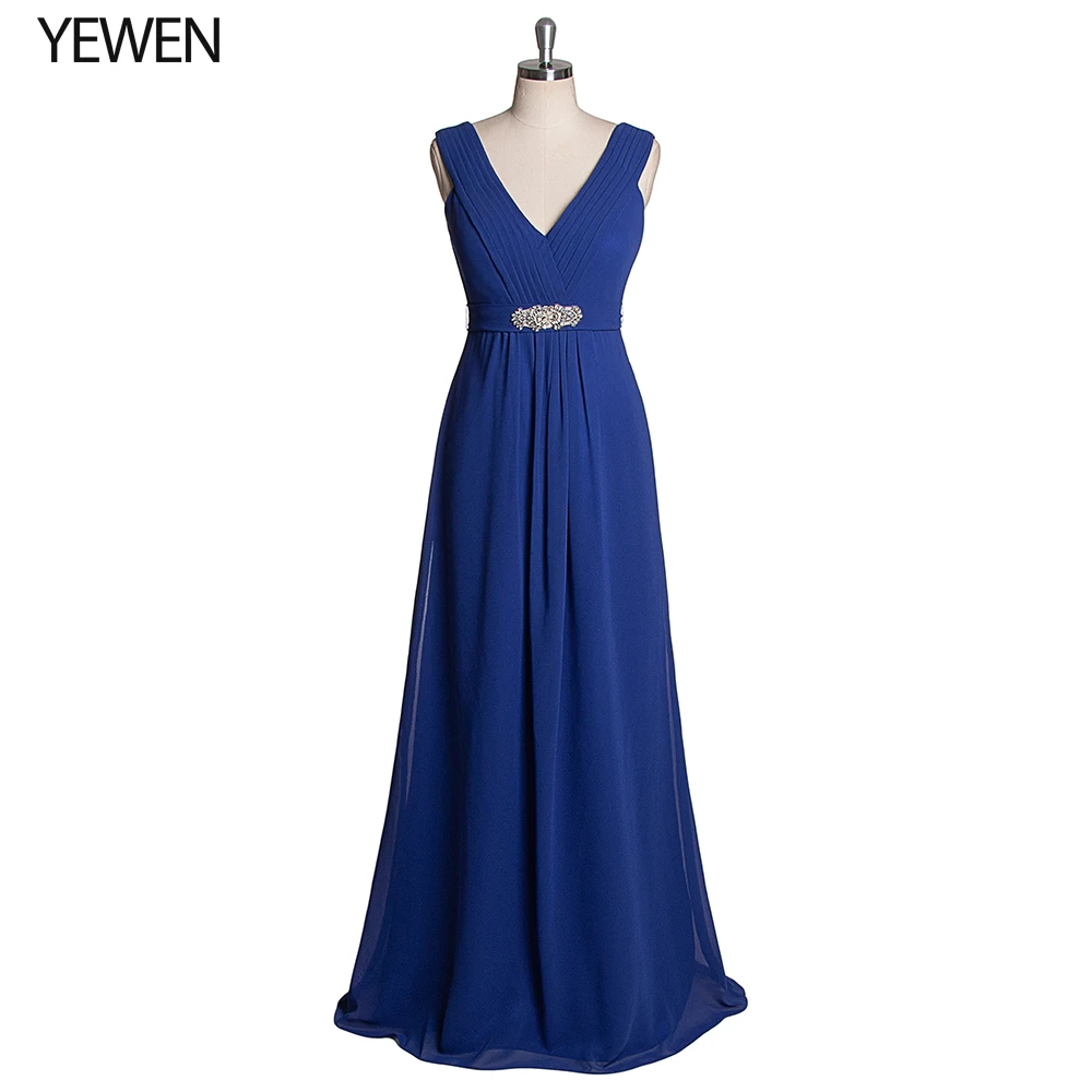 Королевское синее платье подружки невесты с двойным v-образным вырезом и поясом из кристаллов элегантное, длинное, шифоновое платье для
