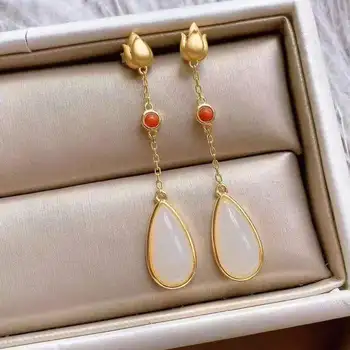 

New inlaid with natural Hotan white jade drop shaped long earrings retro court style flowers fresh charm women's brand jewelry