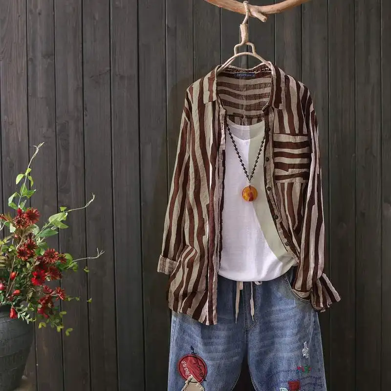 Рубашки в полоску, женская блузка,, ZANZEA, кардиганы, элегантные, на пуговицах, для работы, блузы, женские, с отворотом, топы, большие размеры, Повседневная Туника, 5XL - Цвет: Coffee