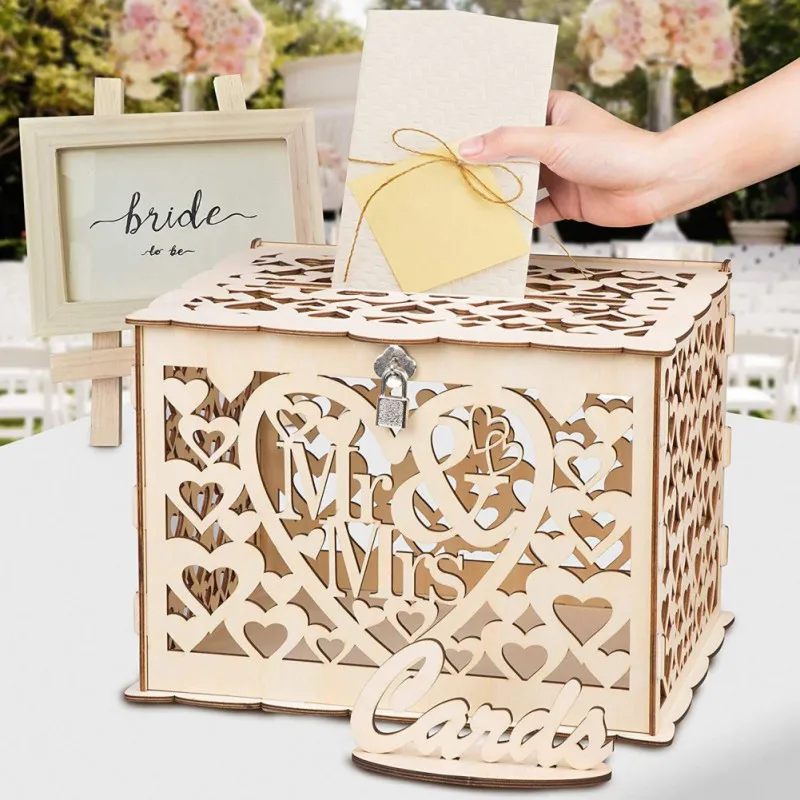 

DIY Delicate Rustic Wood Gift Card Box Hollow Design Wedding Gift Card Box With Card Sign Wedding Anniversary Party Decorations