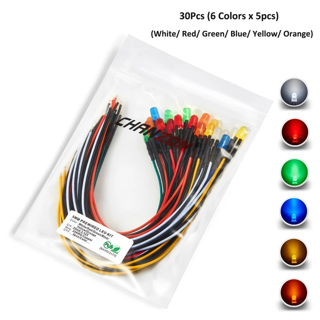 12V 5mm LED Diode Kit Warm White Red Green Blue Yellow Orange UV Purple Pink Prewired 5 9 12 V Diffused Light Emitting Indicator 6 Colors x 5pcs Mix