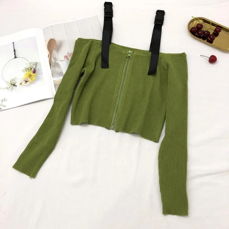 Women Sweater Sexy Slash Neck Sling Short Tops Fashion Solid Color Zipper Female Sweaters Long Sleeve Knitted Knitwear | Женская одежда