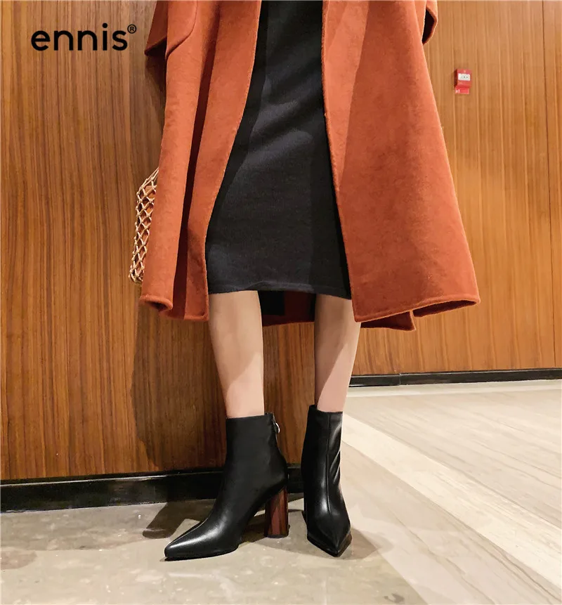 ENNIS Autumn Winter Women High Heel Boots Genuine Leather Pointed Boots Black Beige Designer Ankle Boots Ladies Shoes A9166