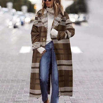 

Women Brown Plaid Coat Thickness Winter Warm Button Pocket Jackets Long Sleeve Long Wool Coat Shawl Windbreaker Пальто Женское