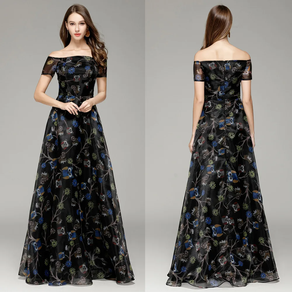 

Ck242 Spring New Style Evening Gown Long off-Shoulder Organza Owl Pattern Banquet Long Dress