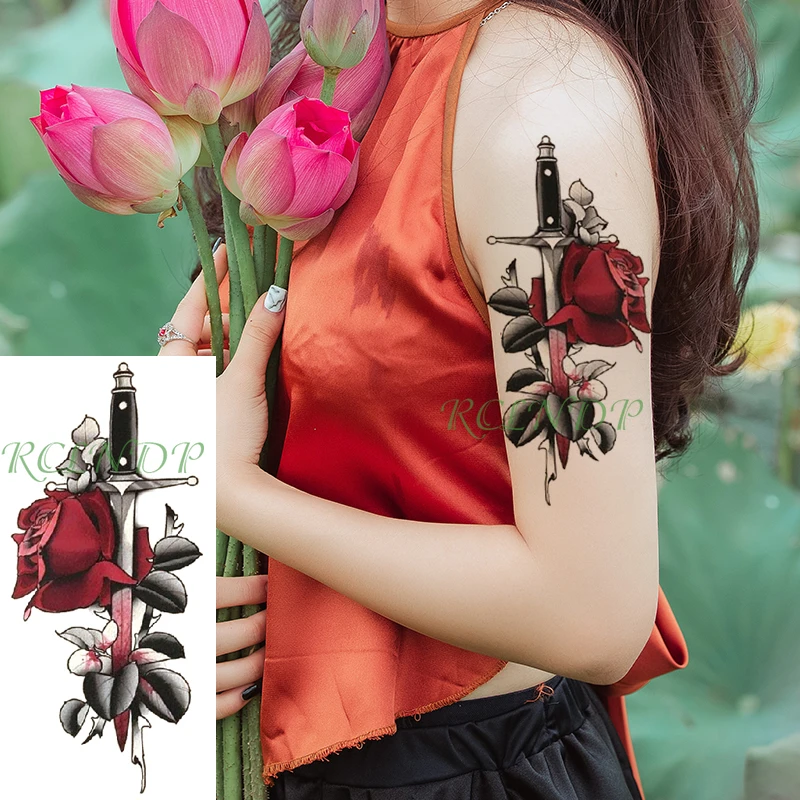 Waterproof Temporary Tattoo Sticker Red Rose On The Sword Creative Flash Tatoo Fake Tatouage Art Hand Foot For Girl Women Temporary Tattoos Aliexpress
