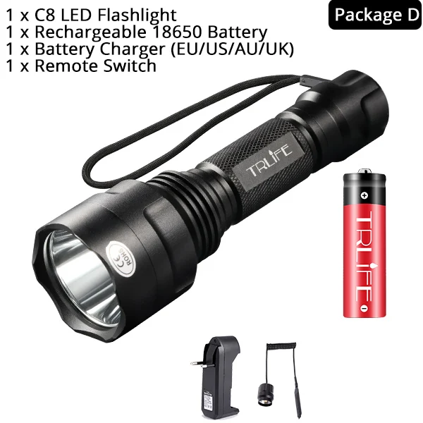 Package D Охотничий фонарик 1 Режим Фонарь Lintern T6/L2 тактические фонари 18650 алюминий C8 водонепроницаемый фонарь Крепление для пистолета - Испускаемый цвет: Package D