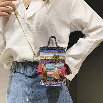 

ETAILL Unique Tassels Bohemia Single Shoulder Bag Barrel Shaped Golden Chain Beach Bags National Round Crossbody Messenger Bag