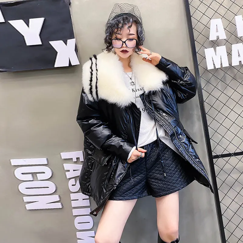 Пальто из натурального Лисьего меха, зимняя куртка для женщин, белое пуховое пальто, толстое теплое пальто, черные парки, водонепроницаемые блестящие куртки, парка