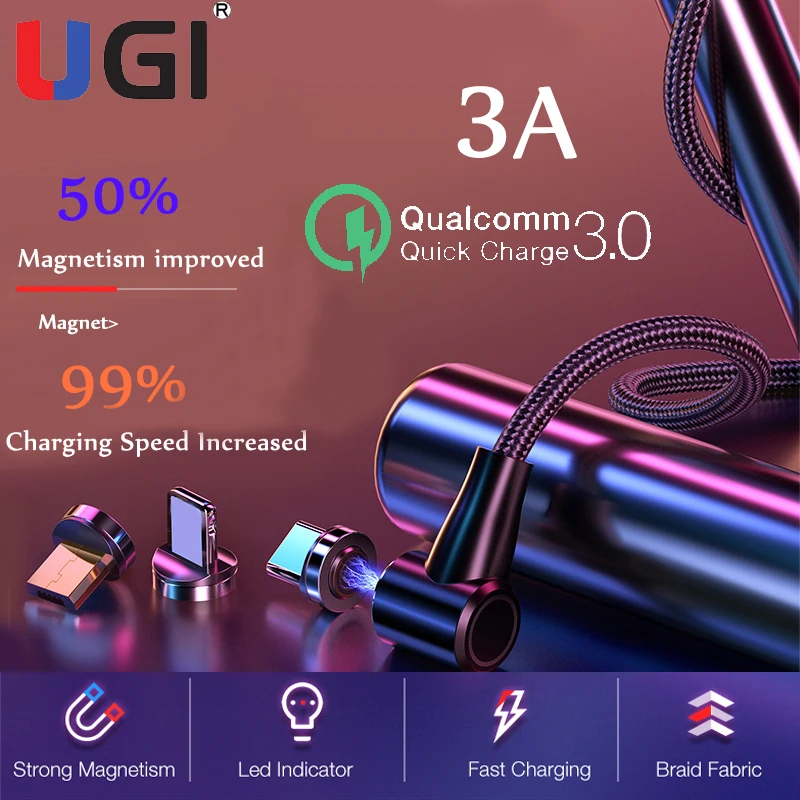 Кабель Micro USB UGI 3 А шнур для быстрой зарядки и передачи данных с сильным магнитом в