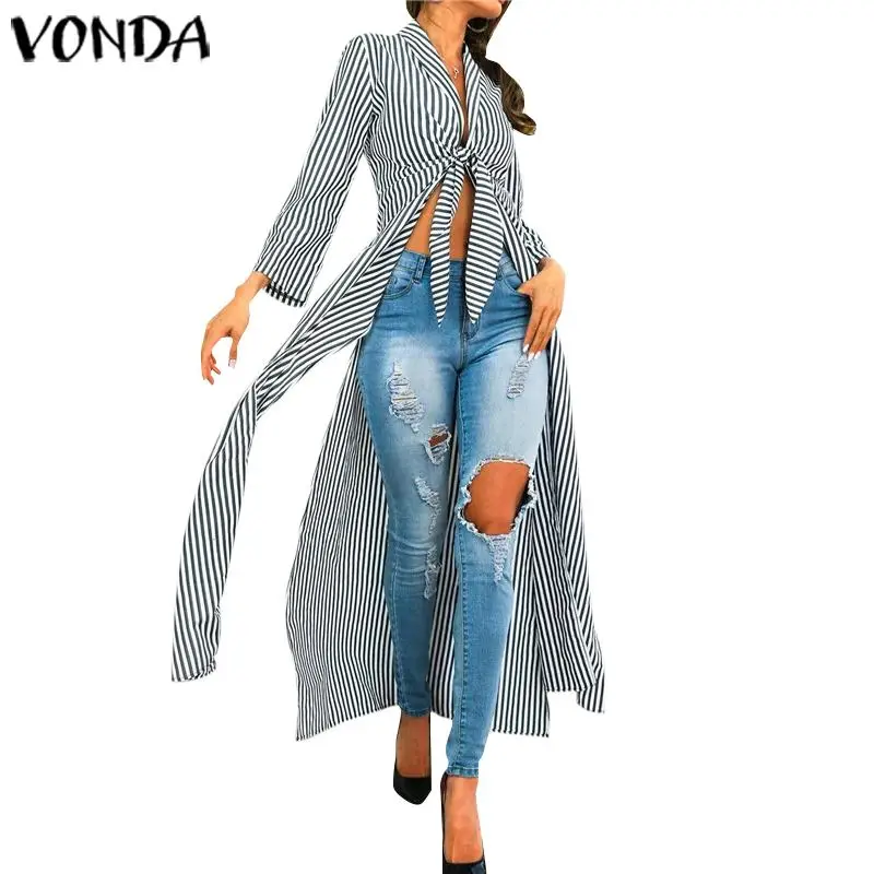VONDA, винтажные Полосатые блузки для беременных, Осенние сексуальные рубашки с длинным рукавом и v-образным вырезом, женские свободные блузы, богемные топы для беременных - Цвет: Черный