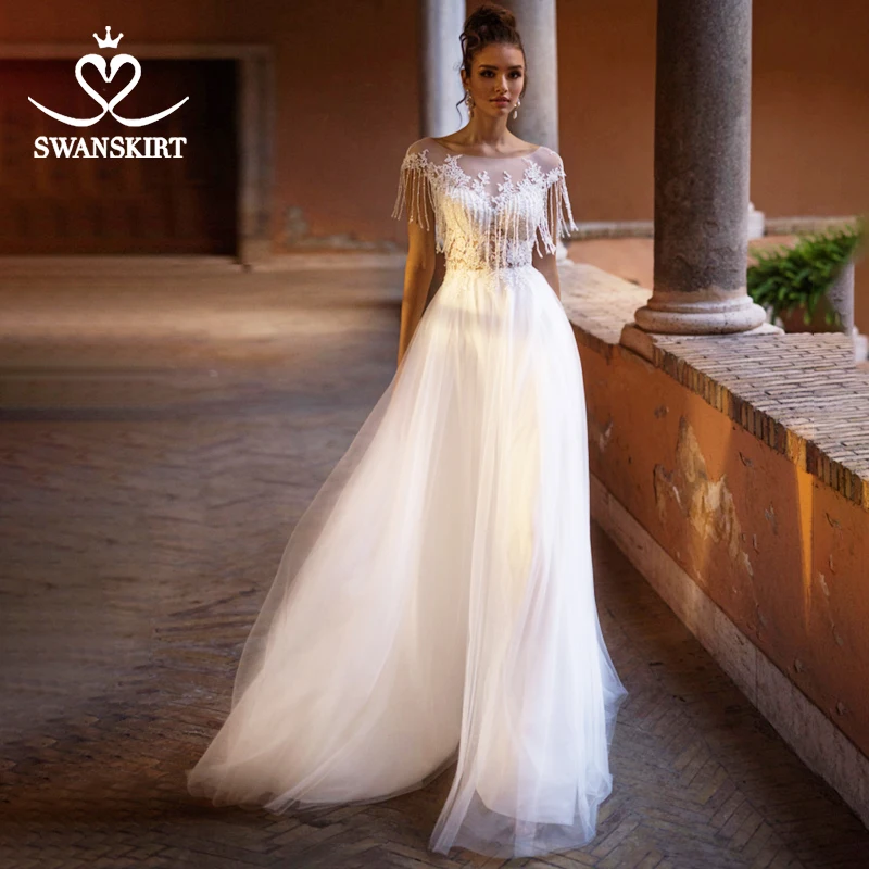 С аппликацией из бисера кружевное свадебное платье Swanskirt пляжное ТРАПЕЦИЕВИДНОЕ иллюзионное платье невесты дизайнерское платье принцессы NY51