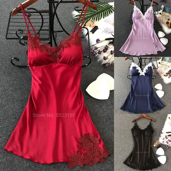

Women's Sexy Lingerie Silk Nightgown Summer Dress Lace Night Dress Sleepwear Babydoll Nightie Satin Homewear Chest Pad Nightwear