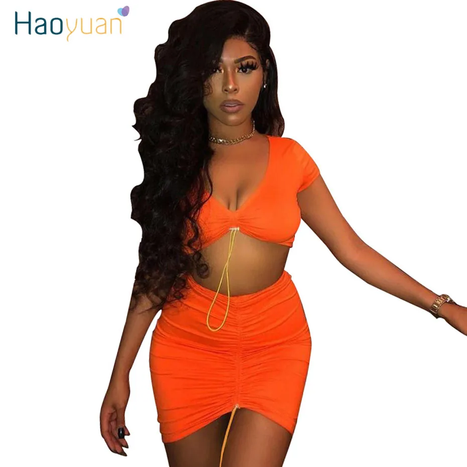 

HAOYUAN Sexy Orange Two Piece Set Women 2020 Rave Clothing Ruched Crop Top Mini Skirts Suits 2 Piece Matching Sets Club Outfits