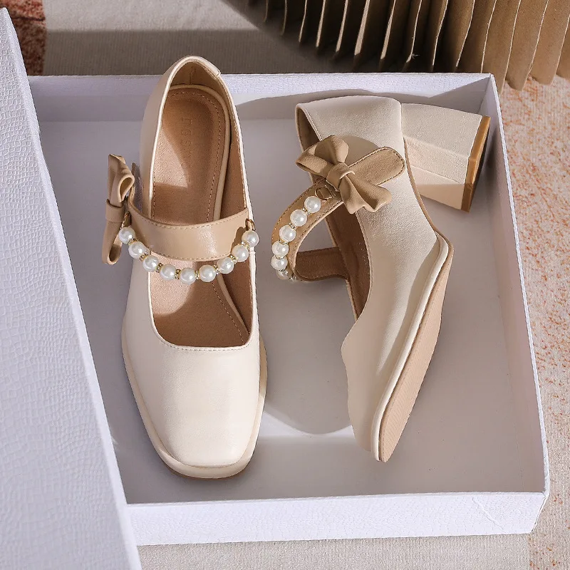 

French Style One Word Pearl Mary Jane Womens Shoes New Square Toe Thick With Bow High Heels Banquet Single Shoes
