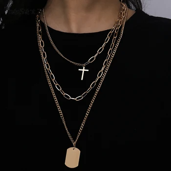 

IngeSight.Z 3Pcs/Set Multi Layered Stainless Steel Choker Necklace Cross Geometric Square Pendant Necklaces for Women Jewelry