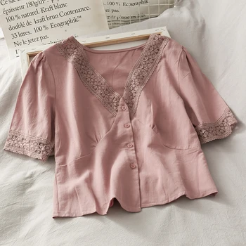 

lace patchwork women shirts 2020 summer new v-neck half sleeved casual office lady elegant shirts outwear tops