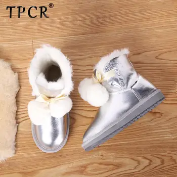 

TPCR Fashion Sheepskin Leather Real Sheep Fur Lined Women Winter Boots Pom-pom Snow Boots for Women Warm Boots White Dusk girl