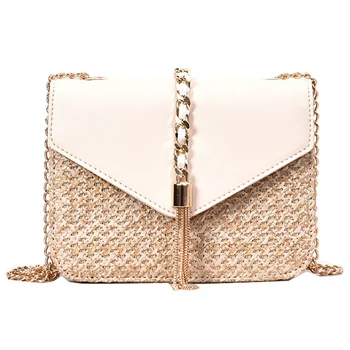 

Fashion Women Summer Rattan Bags Tassel Decor Chain Square Straw Bag Handmade Woven Beach Crossbody Bags Bohemia Handbags
