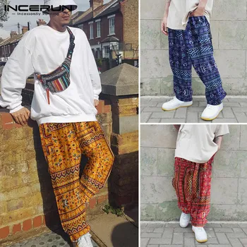 

INCERUN Fashion Men Ethnic Style Printed Elastic Waist Straight Pants Retro Cotton Casual Harem Trousers Men Street Pant Joggers