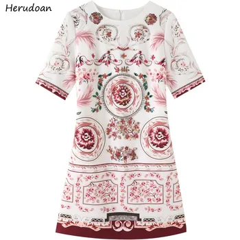 

Herudoan Fashion Designer Summer Dress Women Short Sleeve Sequined Luxury Beading Diamonds Printed Vintage A Line Mini Dresses