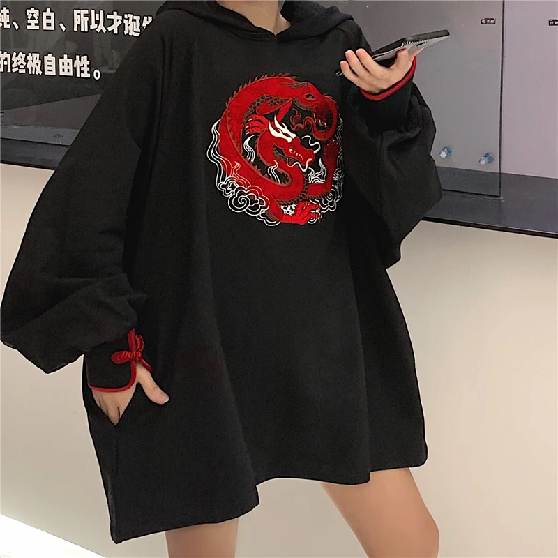Neploe китайский дракон вышитые свободные толстовки для женщин осень/зима толстовка с капюшоном фонарь рукав кисточкой кружево пуловер 55088