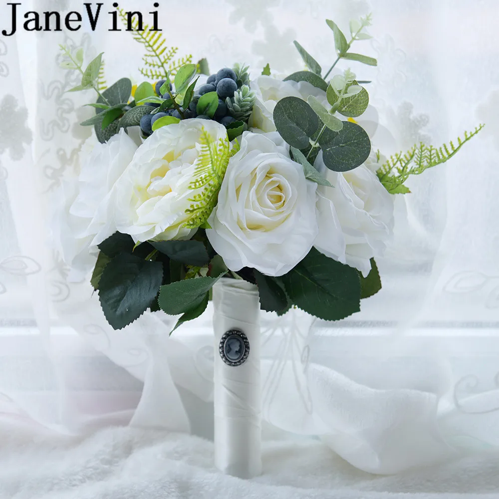 JaneVini, винтажный свадебный букет, белая слоновая кость, роза, зеленые листья, держатель для невесты, цветочный садовый Свадебный букет De Fleur