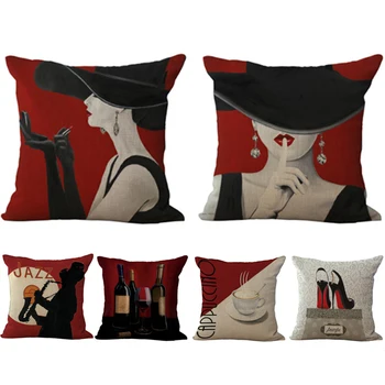 

French Romantic Red Wine Lipstick Female Linen Pillowcase Saxophone Male Coffee High Heel Printing Car Seat Cushion Cover45x45cm