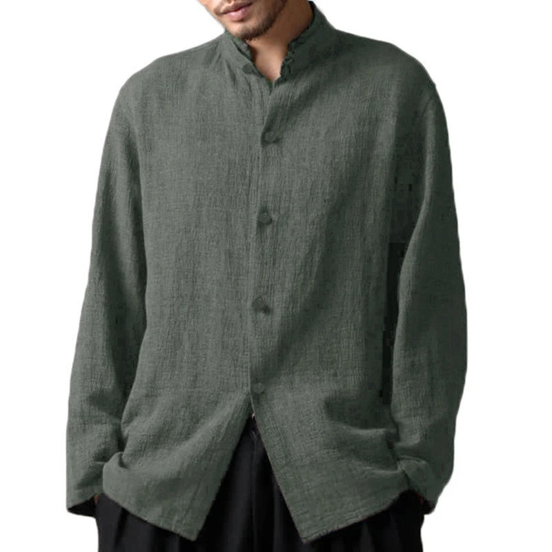 Spring Plus Size Men's Baggy Solid Cotton Linen Long Sleeve Button Shirts S-5XL Stand Collar Mens Casual Loose Tops Shirt