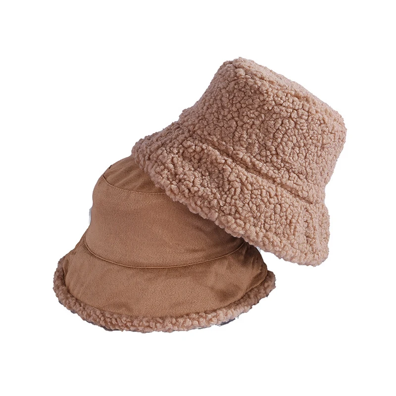 bucket cap Winter Double-Sided Hats Faux Fur Bucket Hat Solid Color Fisherman Hat Women Warm Thicken Caps Head Wear All-Match Fisherman Cap straw bucket hat