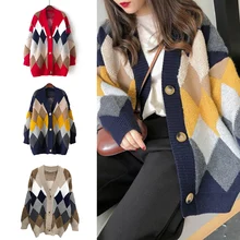Женские свитера на осень и зиму, модные повседневные клетчатые кардиганы с v-образным вырезом, однобортные женские свитера с пышными рукавами