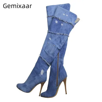 

Walking Shoes Women Blue Denim Over The Knee Boots Round Toe High Gladiator Heel Walking Footwear 2020 New Fashion Boots Women