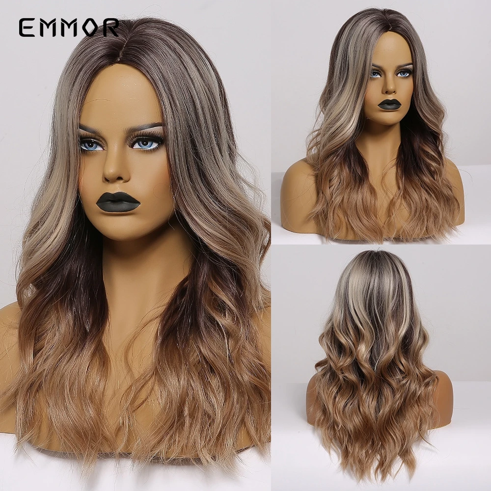 

Emmor Long Darkest Brown Highlight Dark Ash Blonde Wavy Synthetic Hair Wigs High Temperature Layered Daily Ombre Wig for Women