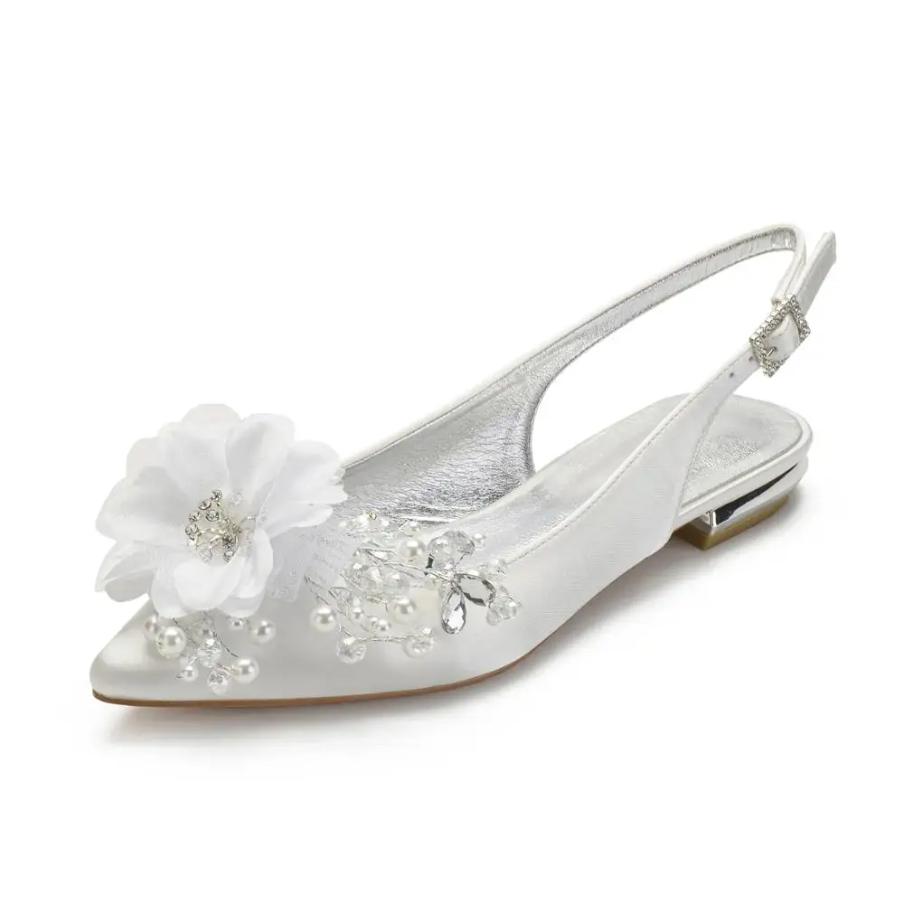 

Creativesugar open toe satin dress flats with pearls flower bridal wedding prom shoes white ivory slingback shoes sweet lady