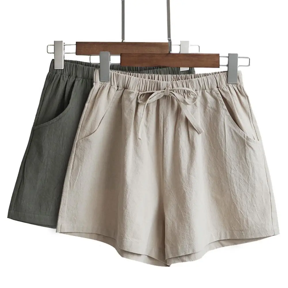 

Women Casual Solid Color Drawstring Pockets Elastic Shorts Wide Leg Minipants