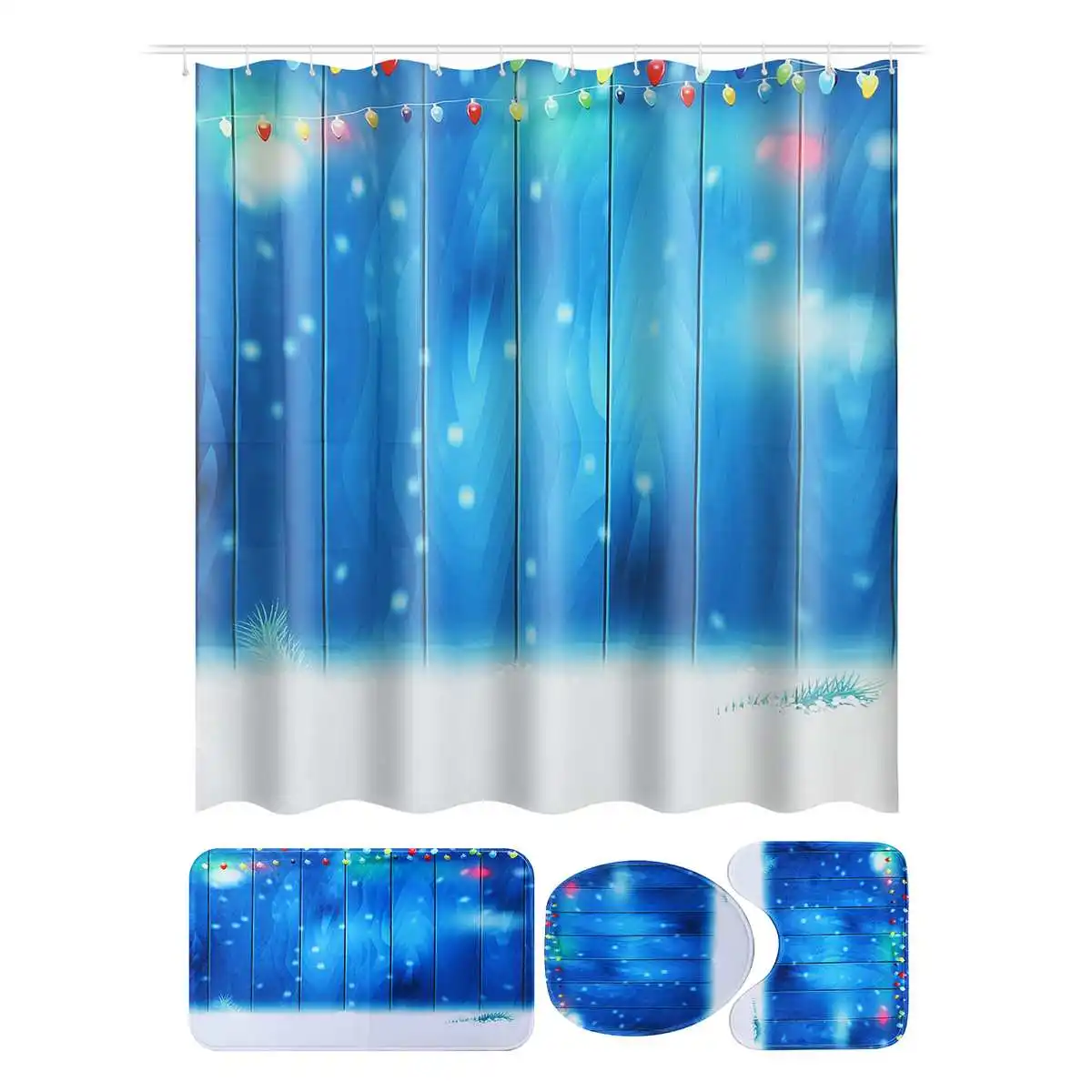 180x180cm Christmas Bell Shower Curtain Set Durable Waterproof Bathing Floor Mat Set With 12 Hooks for Home Bathroom Decoration