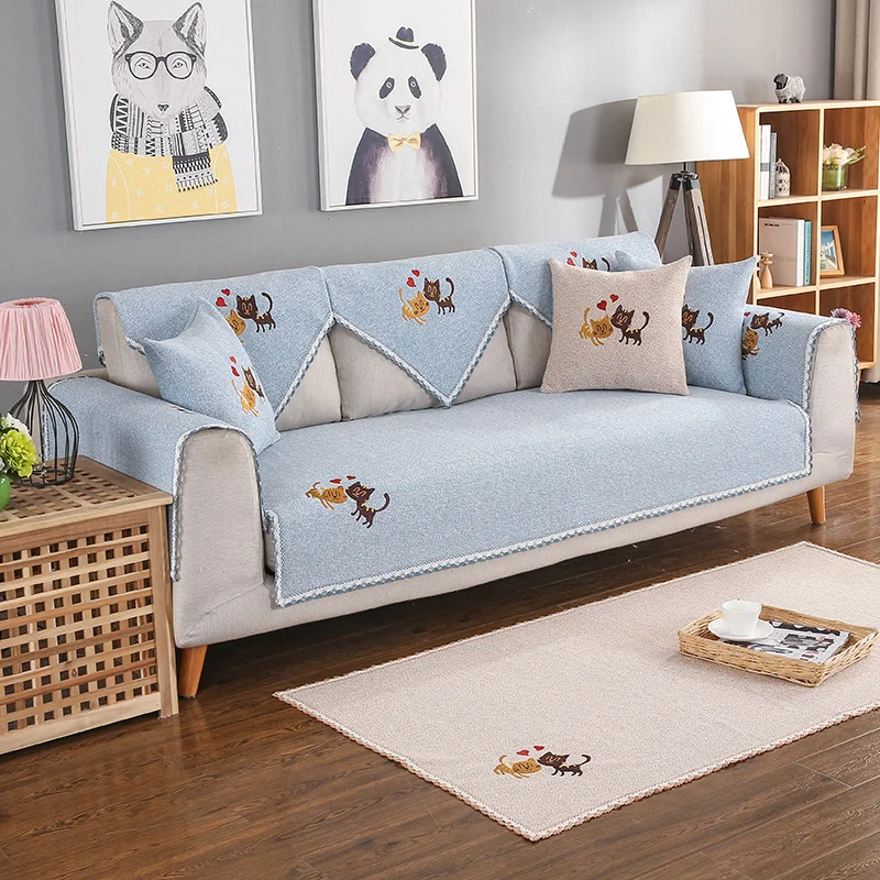 

Embroidered Cat Cotton Linen Fabric Sofa Cover Sofa Towel Solid Color Couch Cover Seat Cover for Living Room Corner Sofa Towel