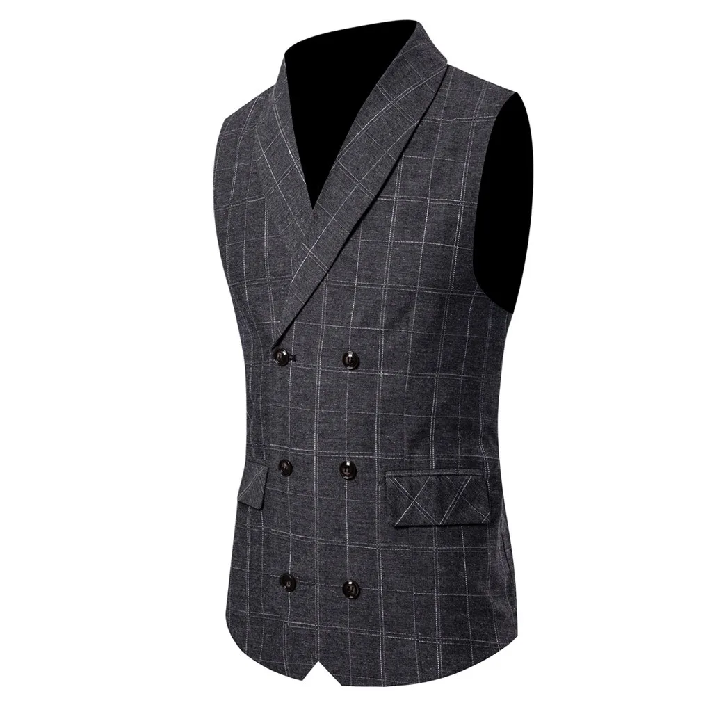 Dark Gray 7 Men Fashion Business Smart Casual plaid double breasted vest Wedding Party Waistcoat Tops vintage gilet Jacket free shiping - Цвет: Dark Gray 7
