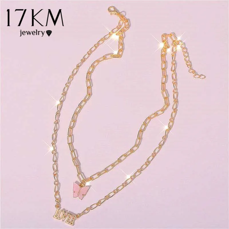 17KM Cute Multilayer Butterfly Pendant Necklace for Women Gift Bohemian Pink LOVER Letter Name Chain Necklaces Resin Jewelry | Украшения и