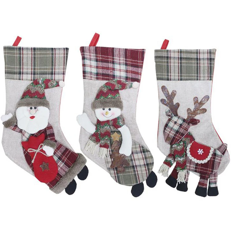 Large Christmas Stocking Santa Claus Sock Plaid Gift Holder Christmas Tree Decoration New Year Gift Candy Bags