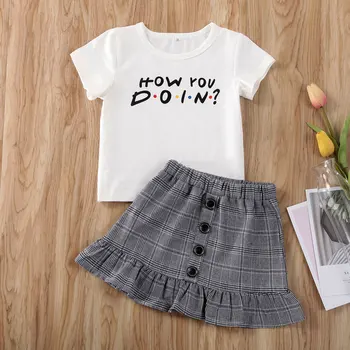 

Newborn Baby Kids Girls Clothes Short Sleeve Letter T-shirt Tops Button Plaid Short Skirt Outfits Casual Girls Clothing 1-6Year