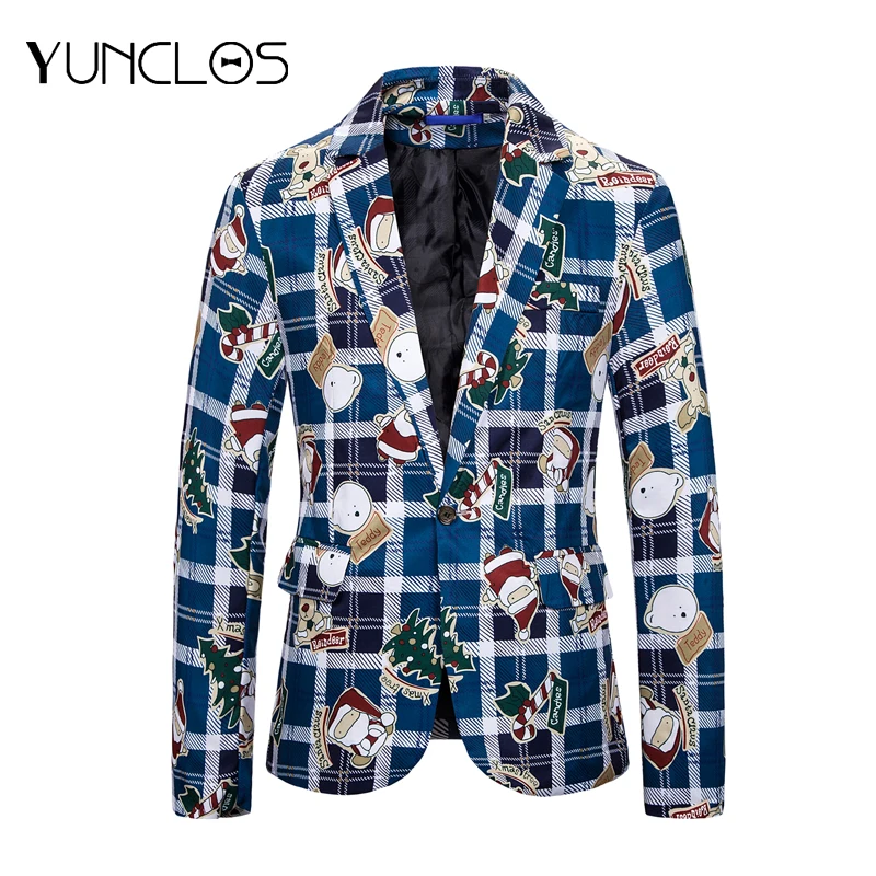Yunclos мужские горячие рождественские куртки с принтом европейский размер костюм мужской на одной пуговице блейзер для досуга