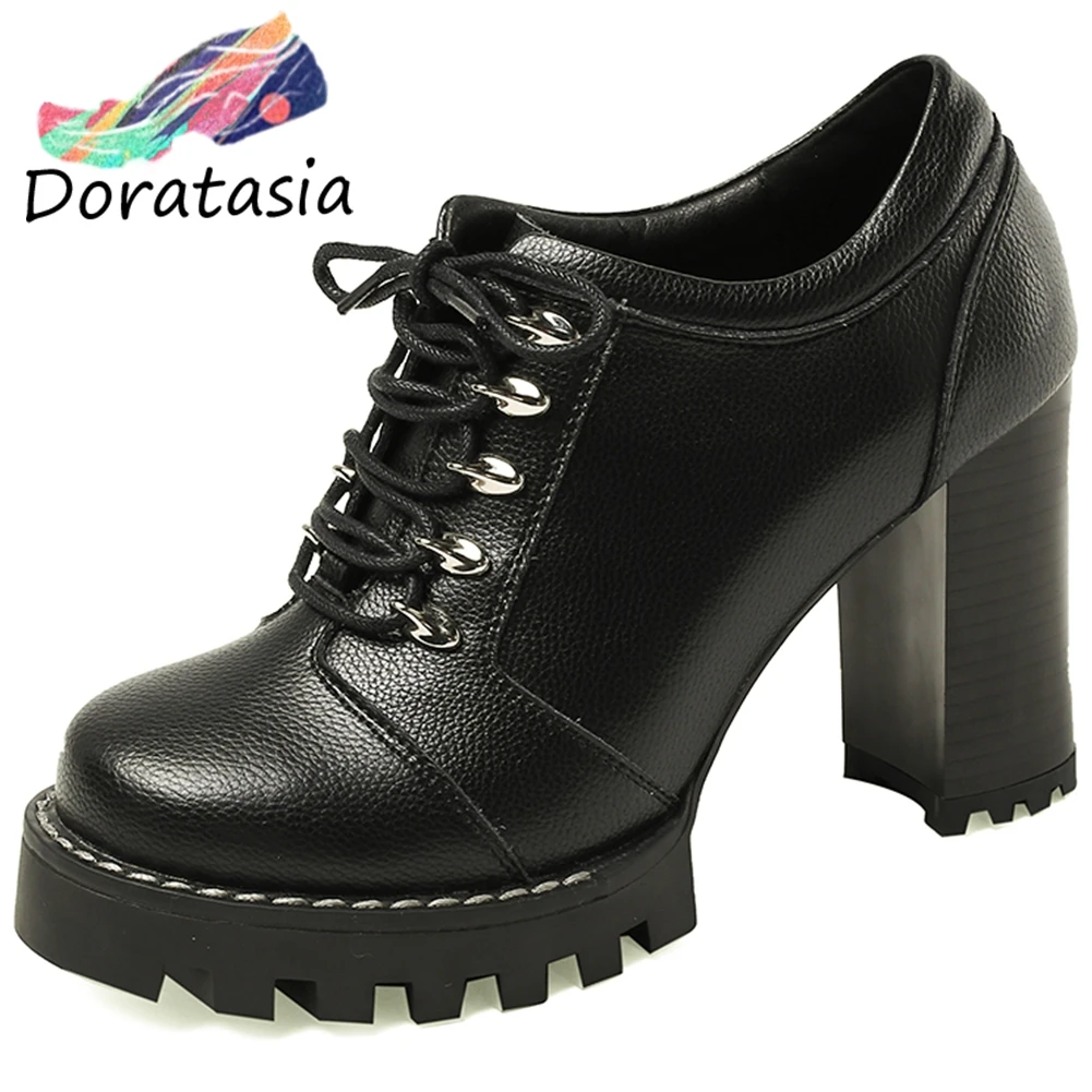 

DORATASIA lace-up Genuine Leather Pumps 2020 Spring New Brand Design Platform Pumps Women High Block Heels Shoes Woman